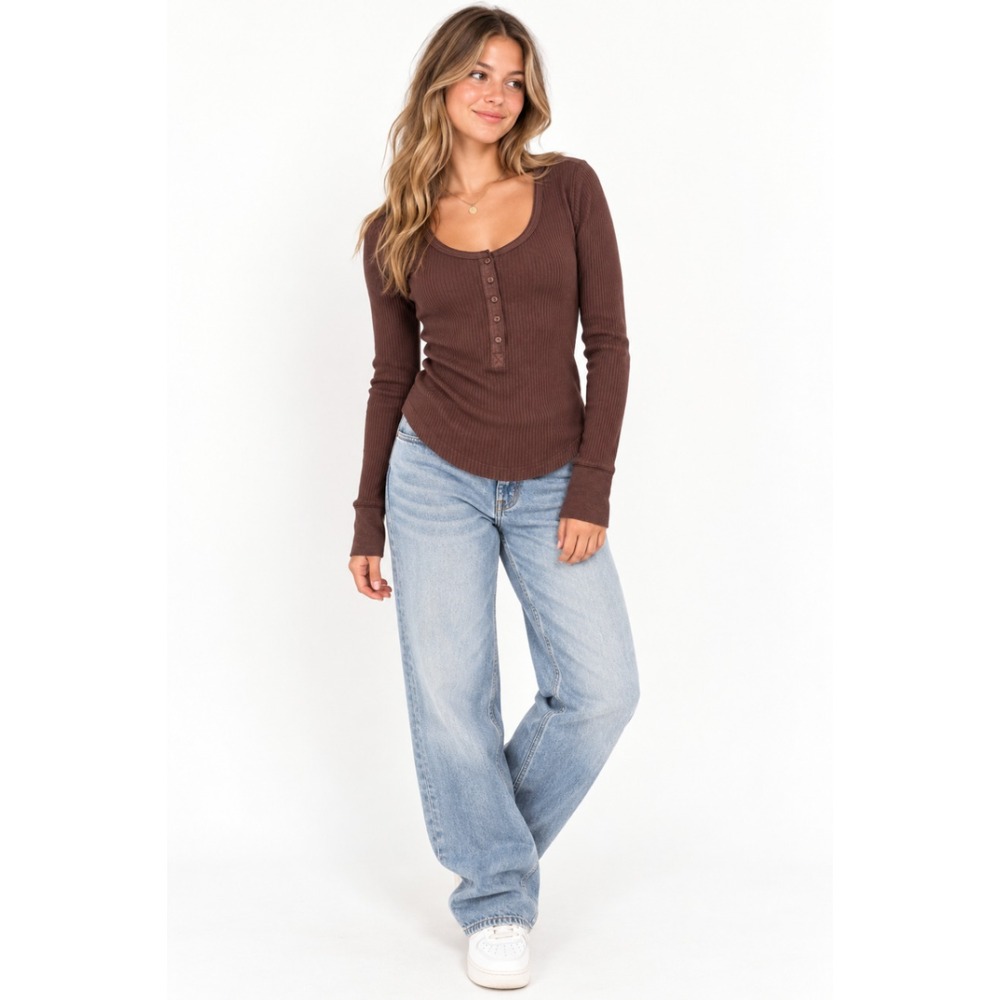 Aerie Henley Top Medium Brown Ribbed Long Sleeve Scoop Neck Curved Hem Casual